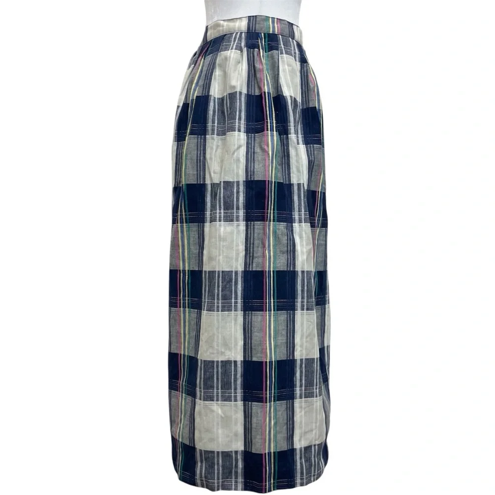 Celeste Sport Vintage Mod Style Linen Blend Plaid Button Side Midi Skirt